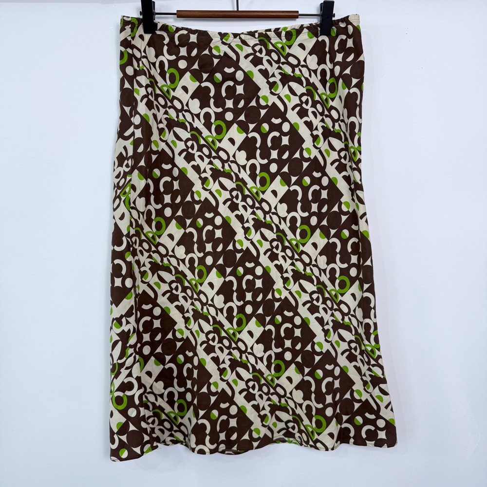 Alice & Trixie Silk Midi Skirt‎ Womens L Brown Retro Mod Geometric Print